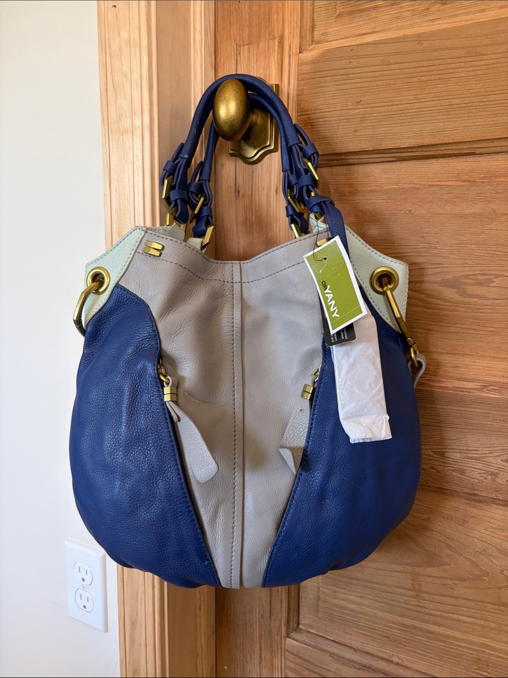 orYANY Navy, Light Gray & Cream Leather Shoulder Hobo with Gold Hardware